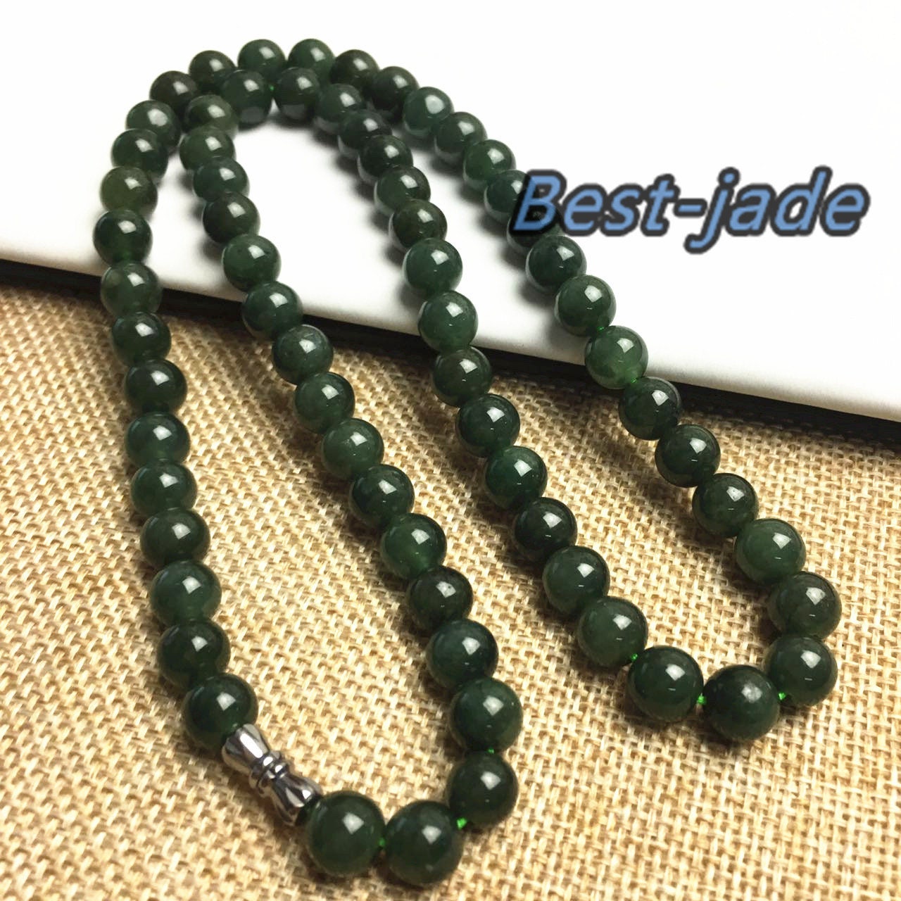 Certificated Grade A Natural Jade et Hand carved Necklace Girl Chain Jadeite Round bead Size:8mm Green gemstone Burma 老油青
