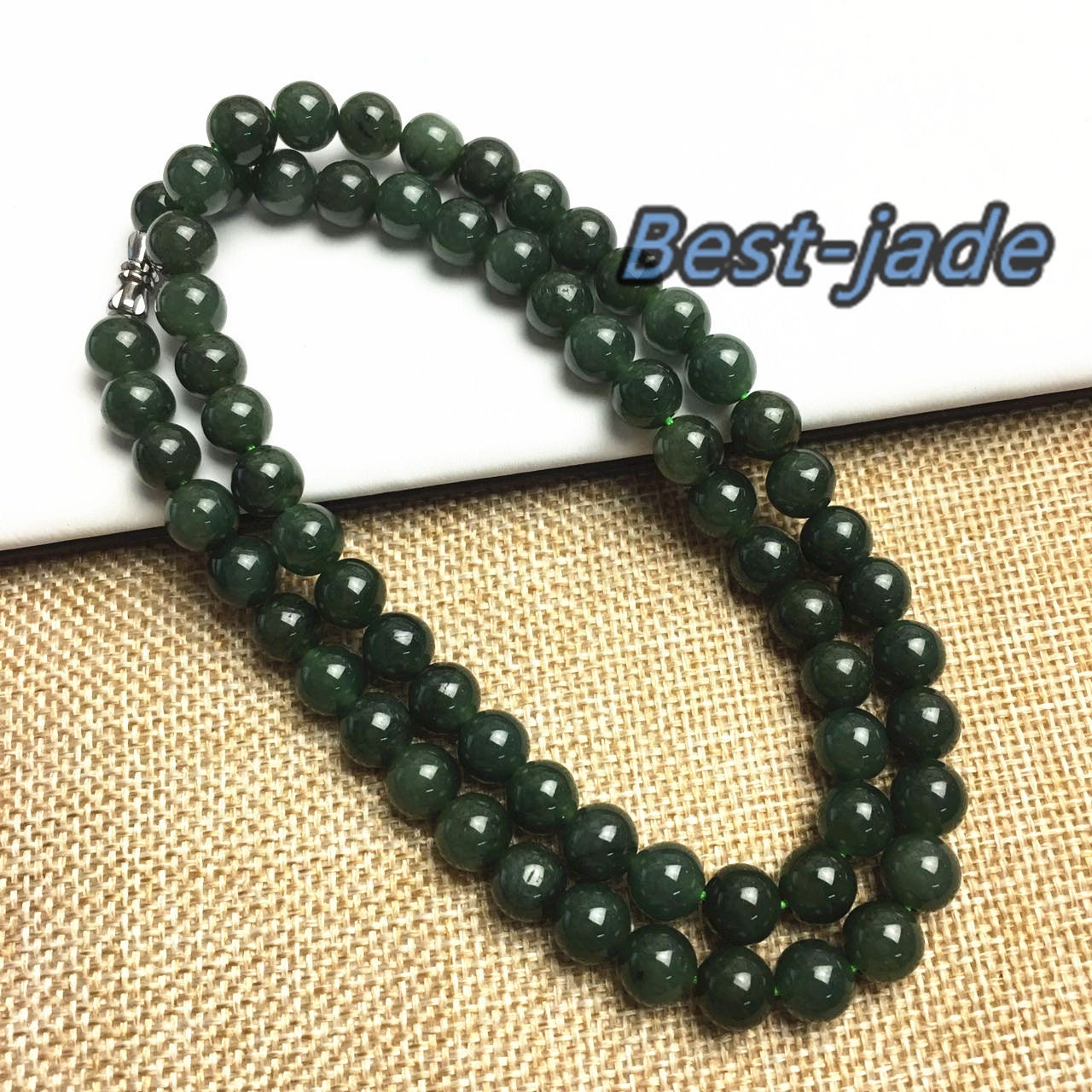 Certificated Grade A Natural Jade et Hand carved Necklace Girl Chain Jadeite Round bead Size:8mm Green gemstone Burma 老油青