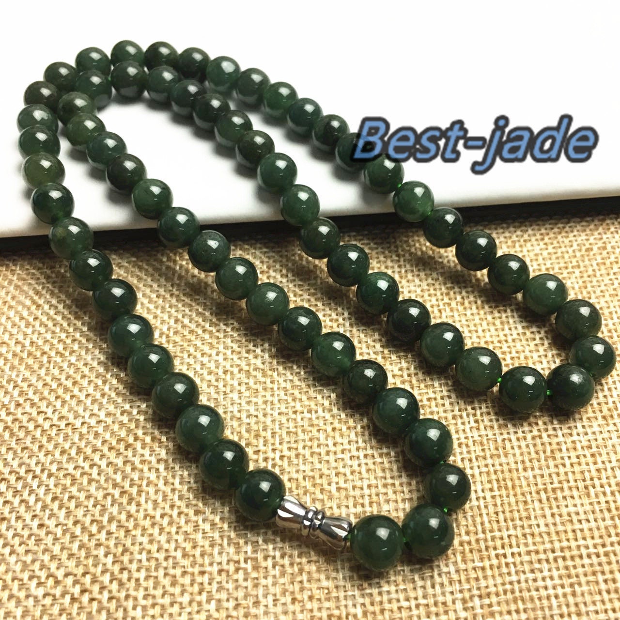 Certificated Grade A Natural Jade et Hand carved Necklace Girl Chain Jadeite Round bead Size:8mm Green gemstone Burma 老油青