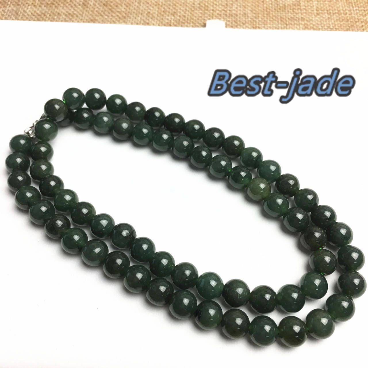 Certificated Grade A Natural Jade et Hand carved Necklace Girl Chain Jadeite Round bead Size:8mm Green gemstone Burma 老油青