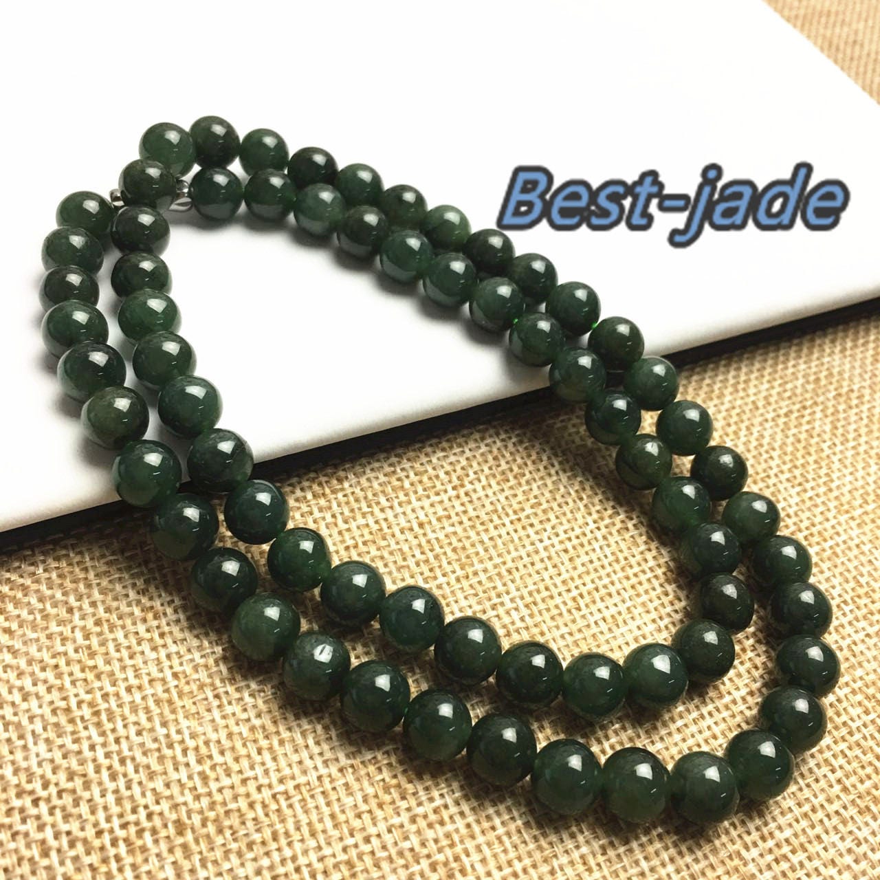 Certificated Grade A Natural Jade et Hand carved Necklace Girl Chain Jadeite Round bead Size:8mm Green gemstone Burma 老油青