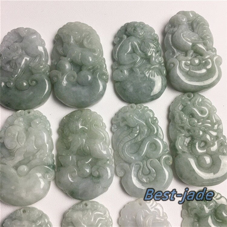 1 Set Echte grüne Blume Chinesische 12 Zwölf Sternzeichen Eis Burma Jade Grade A Jadeit Anhänger Halskette Anhänger Schmuck Jade Geschenk