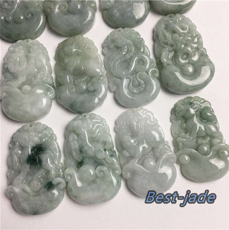 1 Set Echte grüne Blume Chinesische 12 Zwölf Sternzeichen Eis Burma Jade Grade A Jadeit Anhänger Halskette Anhänger Schmuck Jade Geschenk