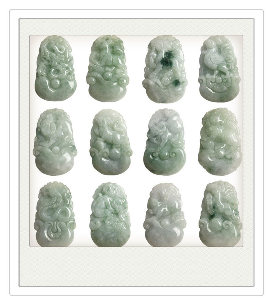 1 Set Echte grüne Blume Chinesische 12 Zwölf Sternzeichen Eis Burma Jade Grade A Jadeit Anhänger Halskette Anhänger Schmuck Jade Geschenk