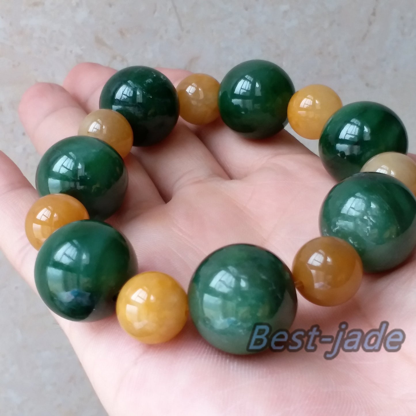 BIG Nephrite and Yellow jade 20mm Grade A Green Canadian Jade Beads Bangle Bracelet Pounamu NZ Jade BC Jasper Ball Womrn lady kid chain
