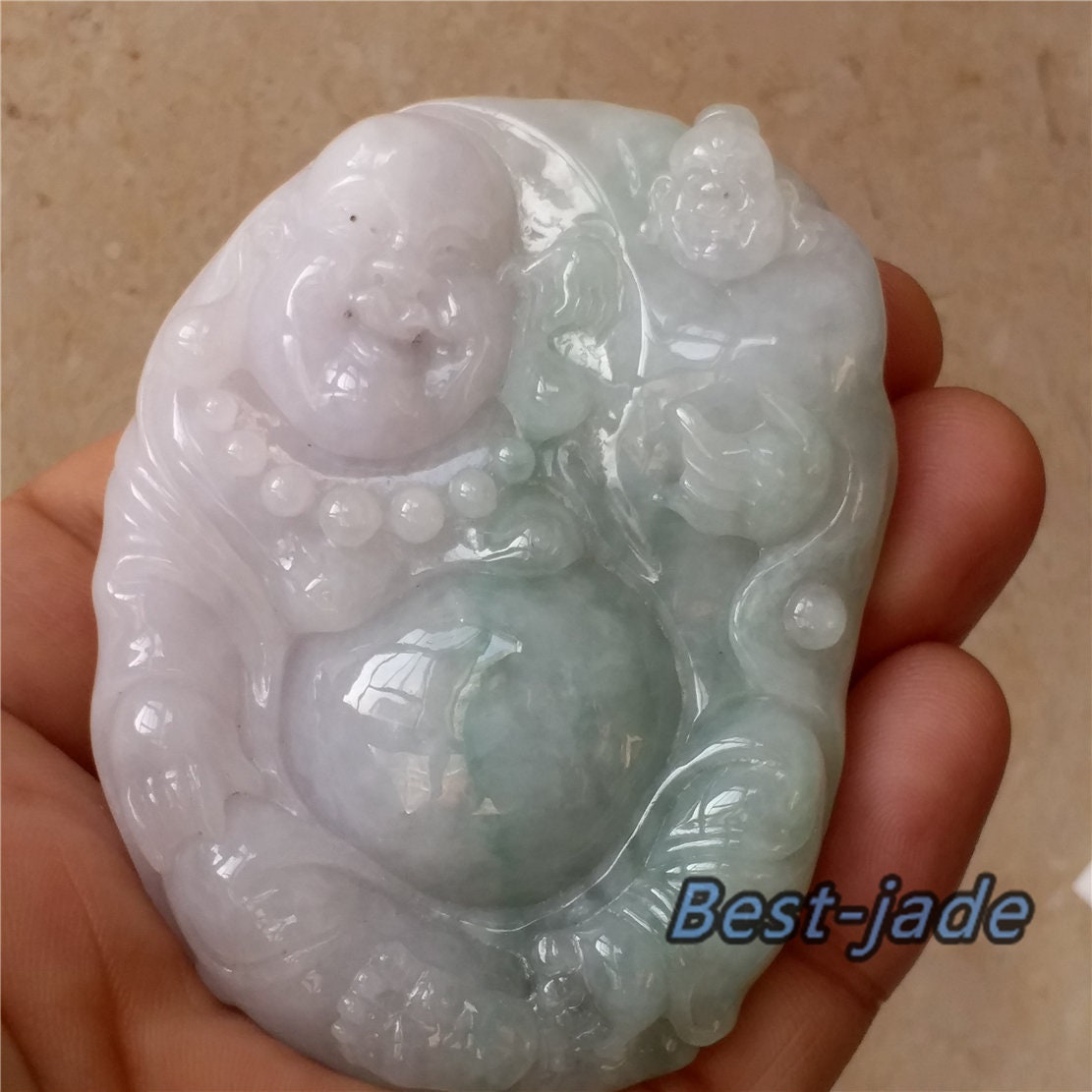 GROSSER Jade-Buddha der Güteklasse A, hellgrüner lila Eisglas-Jade-Anhänger, natürliche grüne Jadeit-Perlen, Halsketten-Anhänger, Edelstein Typ A-Stein, 翡翠A货