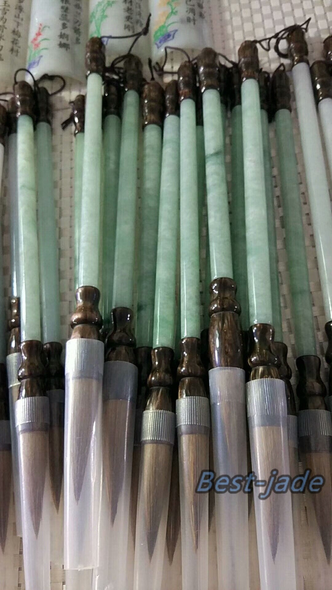 Grüner Jadeit, natürlicher Burma-Jade-Eis, Güteklasse A, handgeschnitzter chinesischer Kalligraphie-Pinselstift