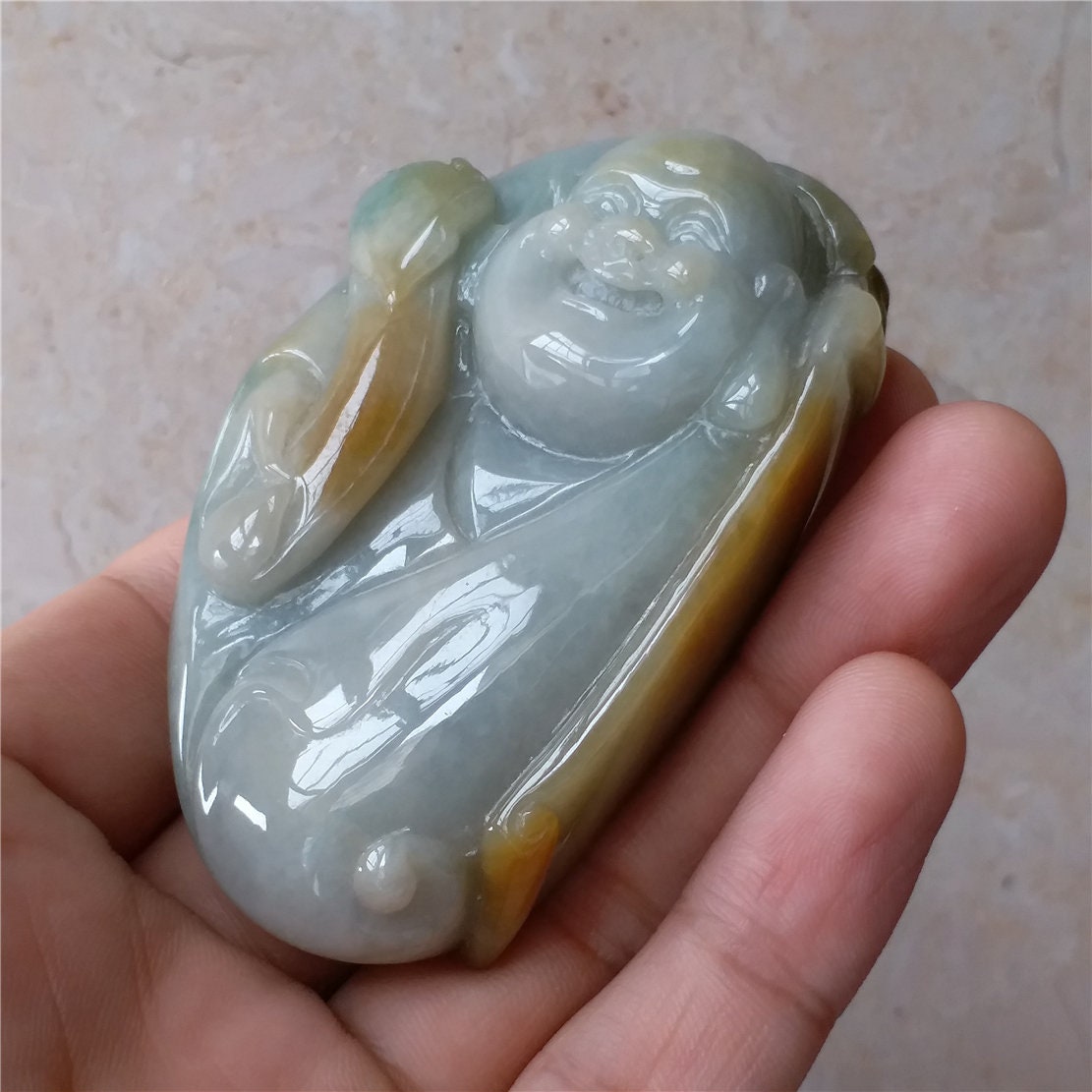 Dharma Yellow Grade A jade Hand pieces Massage Hand craved Natural Green Jadeite BEADS Pendant Gemstone A stone car Hanging 翡翠A货手把件
