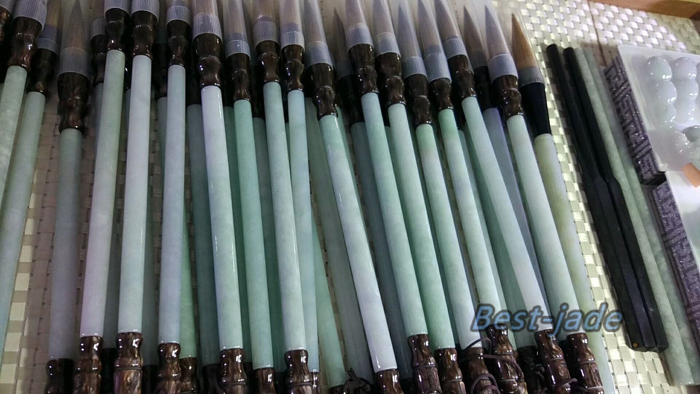 Grüner Jadeit, natürlicher Burma-Jade-Eis, Güteklasse A, handgeschnitzter chinesischer Kalligraphie-Pinselstift