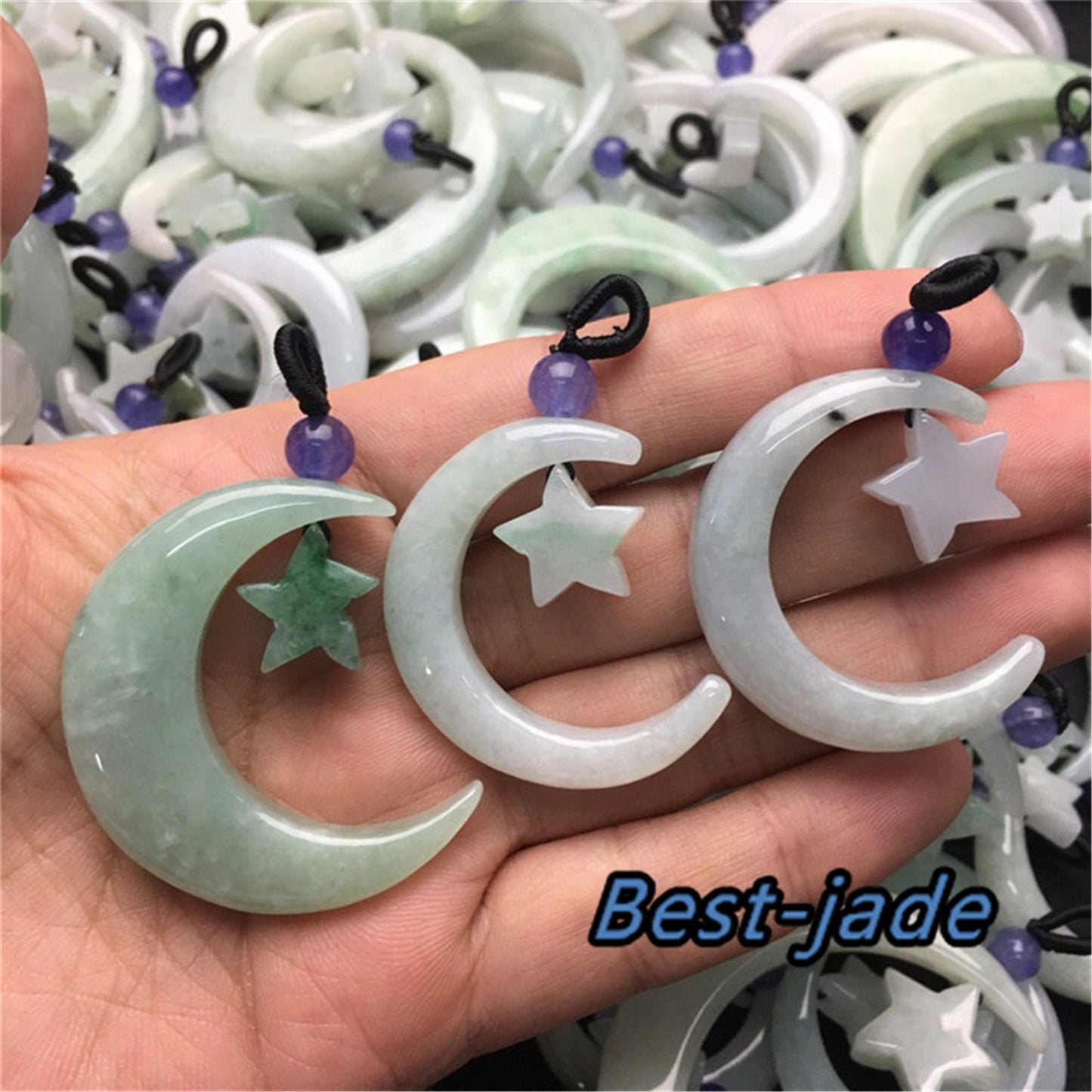 Großhandel Mond- und Stern-Anhänger, natürliche Jade der Güteklasse A, grüne Burma-Jade, ICE, Myanmar-Jadeit, zum Aufhängen einer Autotasche