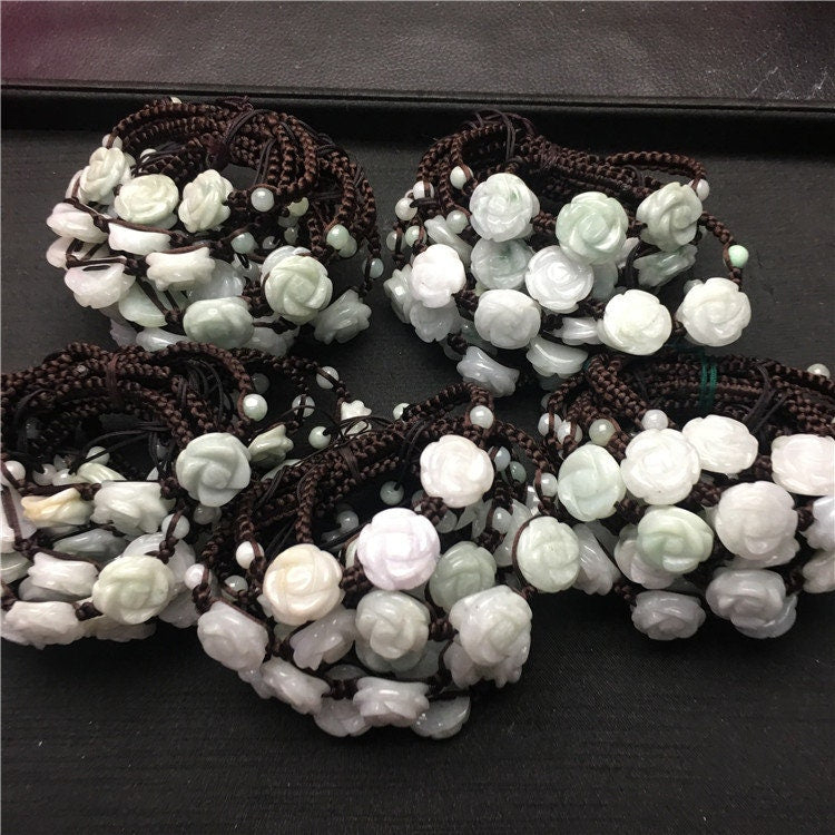 Rosen-Armband, Grade A Jade, natürlicher Burma-Jadeit, handgeschnitzt, Myanmar-Jade, Fadenkette, ein Stein, Armband, Armband, Seil
