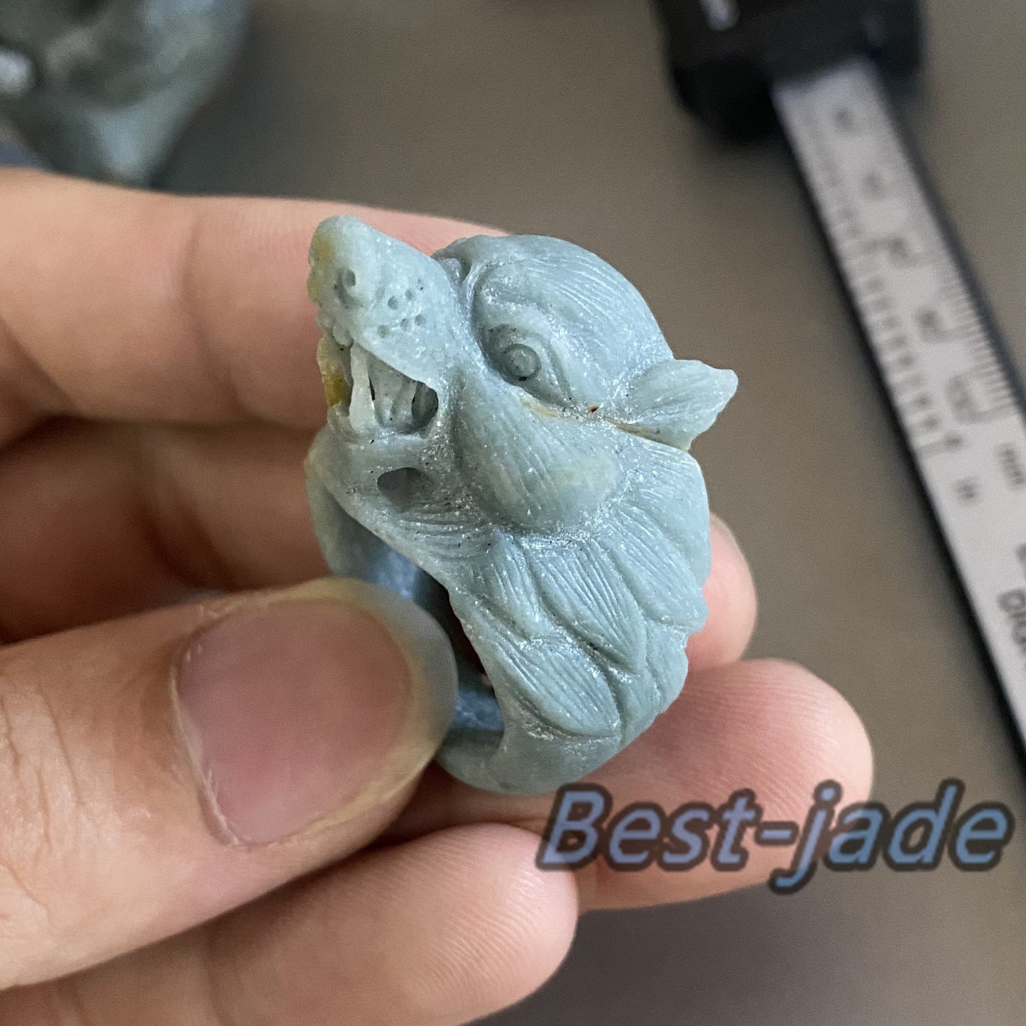 3D wolf Natural Black Grade A jade Band Ring Hand carved Burma jadeite animal Rough stone Man jewelry gift