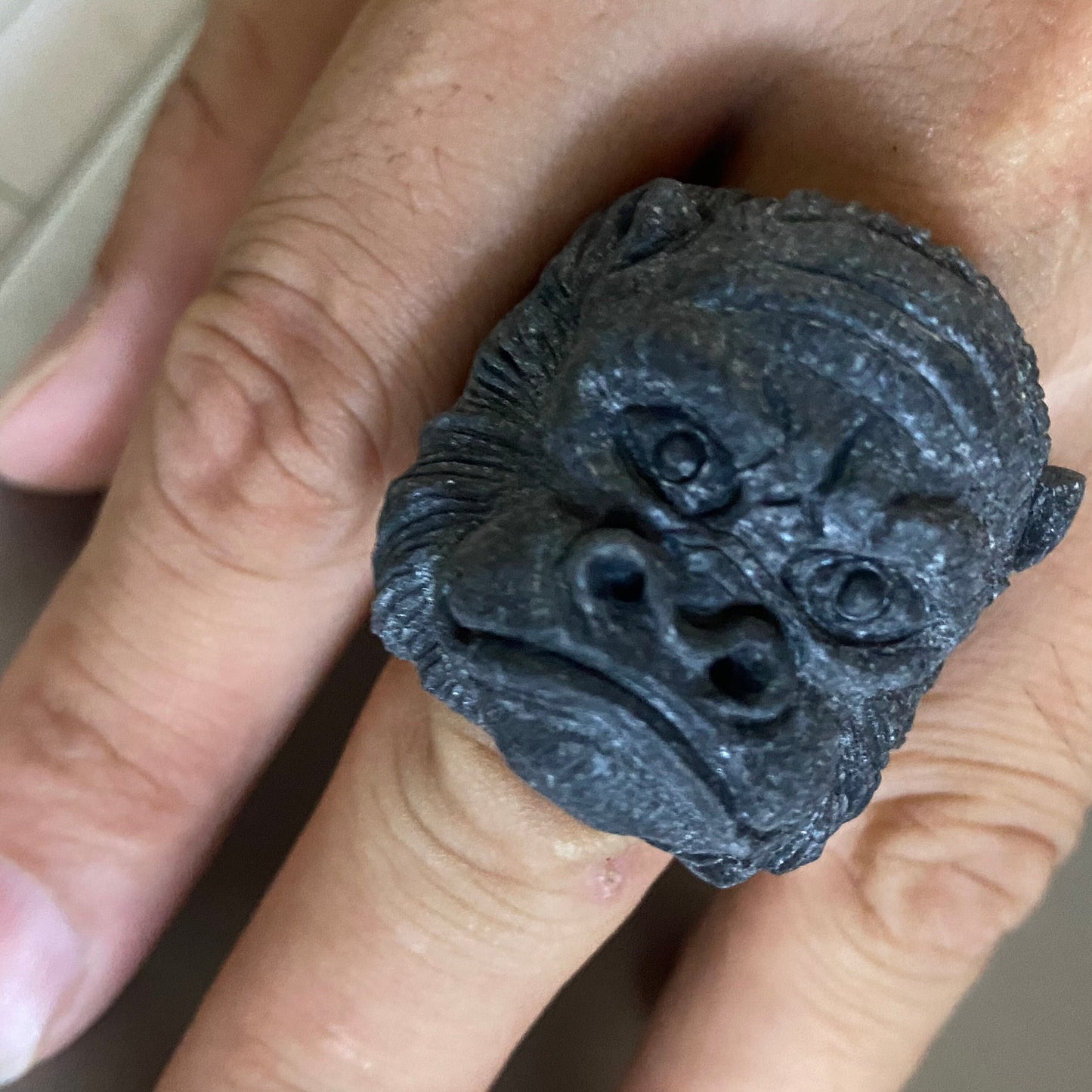 3D Gorilla Natural Black Grade A jade Band Ring Hand carved Burma jadeite animal Rough stone Man jewelry gift