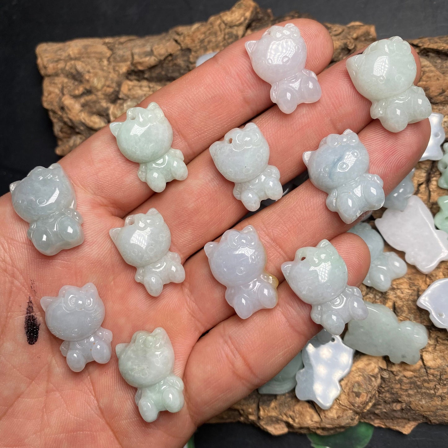 Grade A Jade Hallo süße Kitty Katze chinesische Münze Tasche Anhänger natürliche graue Jade ICE Burma Jadeit Perlen Cartoon Ohrringe Tropfen Geschenk Anhänger