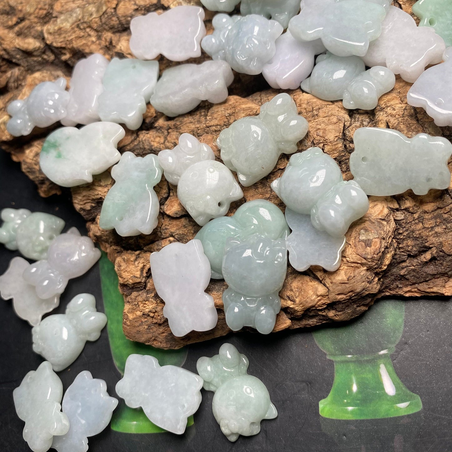 Grade A Jade Hallo süße Kitty Katze chinesische Münze Tasche Anhänger natürliche graue Jade ICE Burma Jadeit Perlen Cartoon Ohrringe Tropfen Geschenk Anhänger