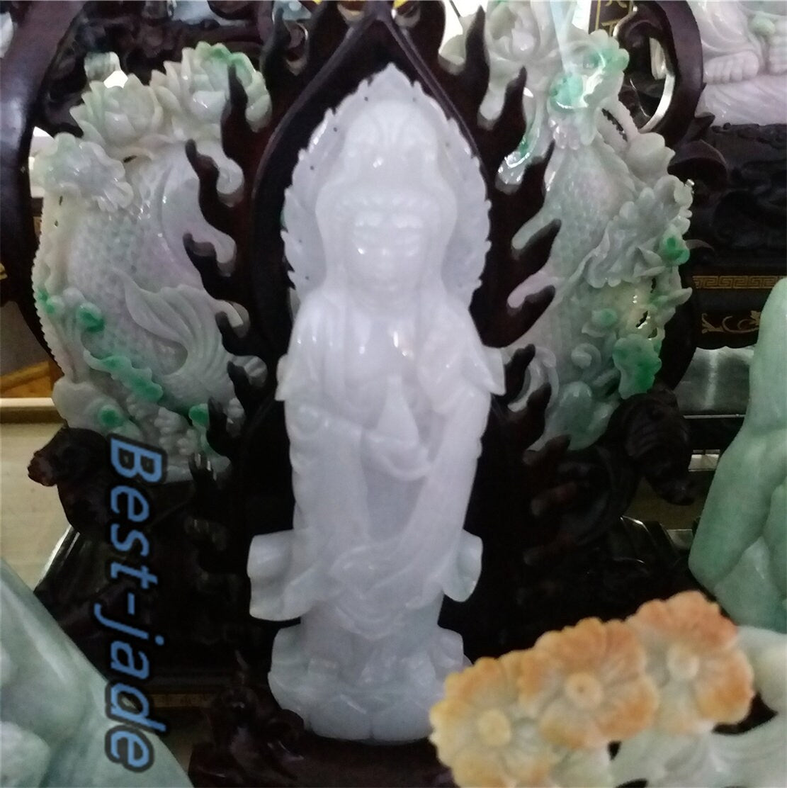 Exhibition Custom-made Sample Decoration Natural Grade A Green Burma Jade Jadeite Hand craved Gemstone A stone guanyin Buddha