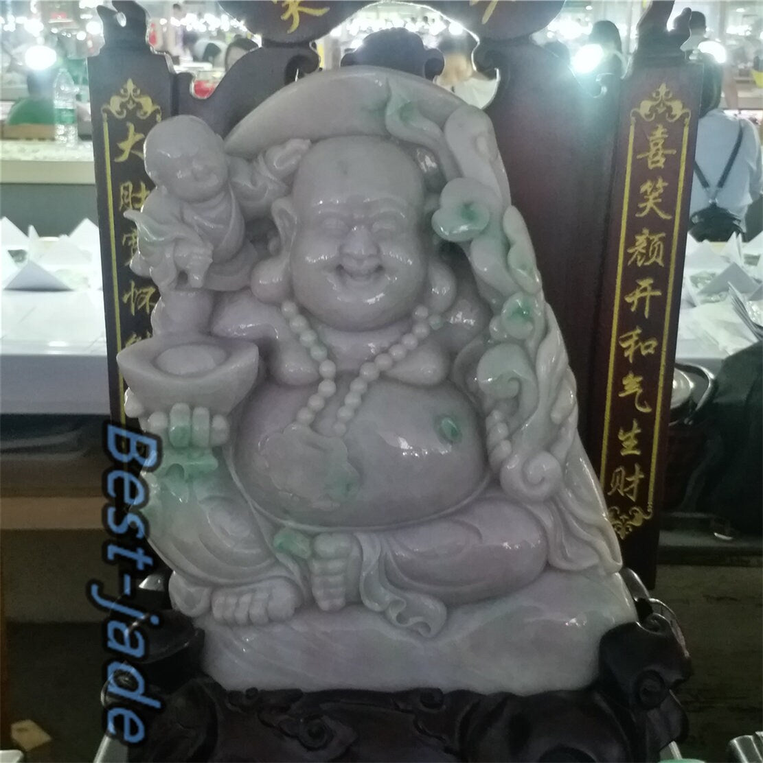 Exhibition Custom-made Sample Decoration Natural Grade A Green Burma Jade Jadeite Hand craved Gemstone A stone guanyin Buddha