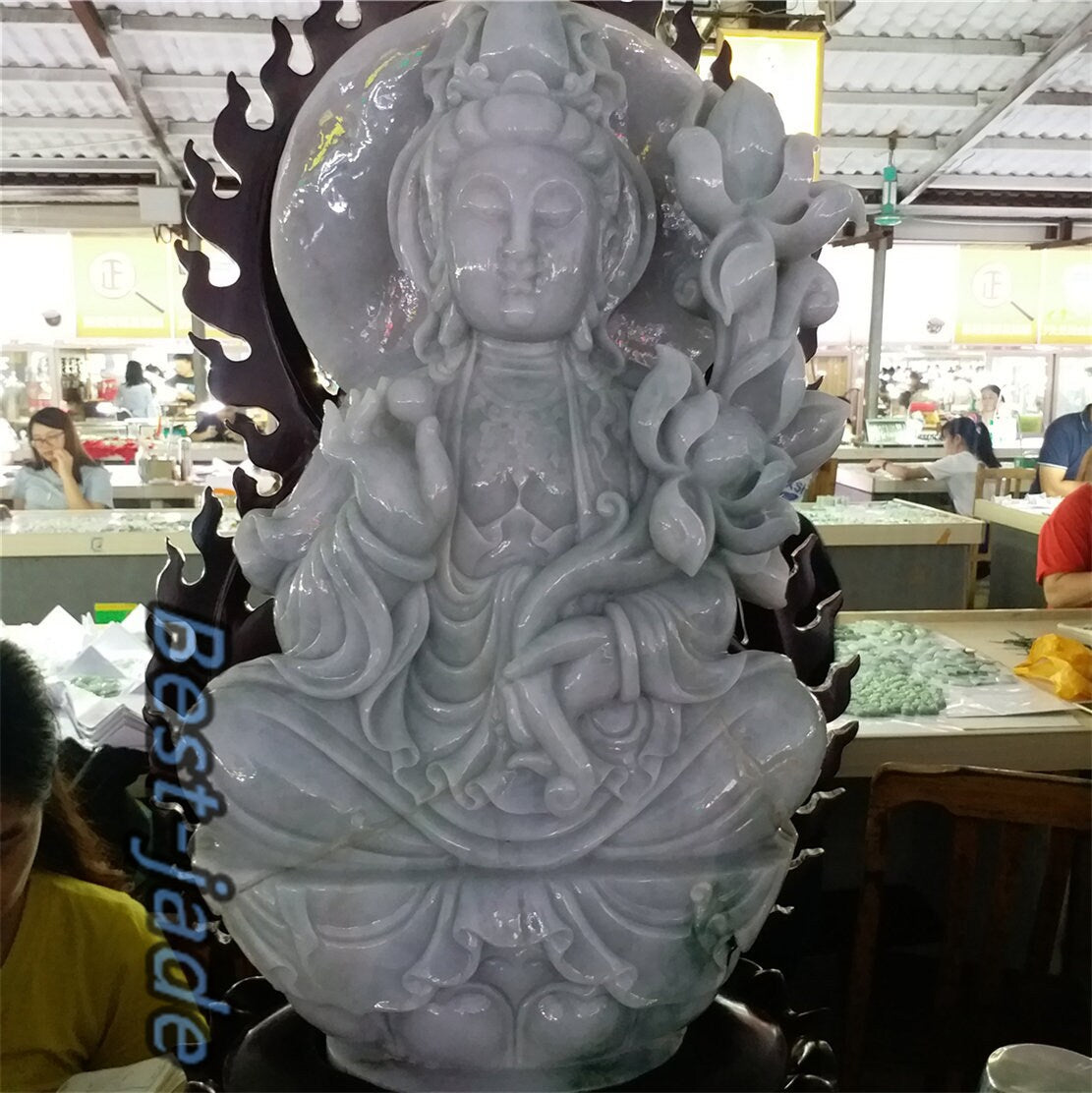 Exhibition Custom-made Sample Decoration Natural Grade A Green Burma Jade Jadeite Hand craved Gemstone A stone guanyin Buddha