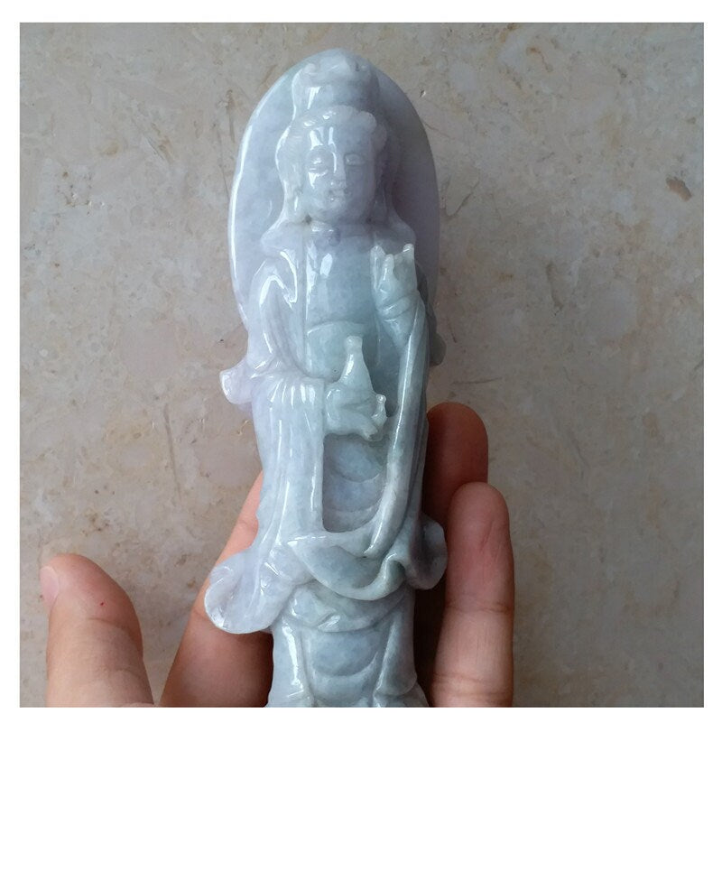 Guanyin Decoration Light purple and green NaturalGrade AGreen Burma Jade Jadeite Hand craved Gemstone A stone
