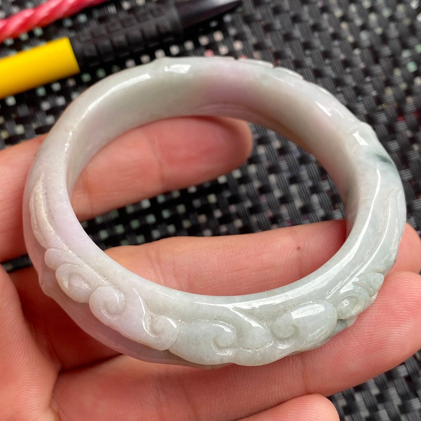 54.5mm Natural Green Grade A Jade Carved Round bangle Myanmar jadeite Lady Bracelet Type A stone female bangle
