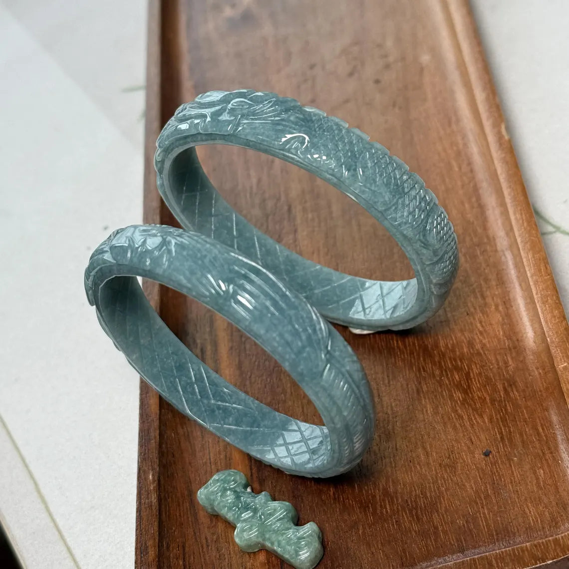 Custom 54-64mm Natural blue Jadeite Dragon and Phoenix Round Band Bangle Lady female bracelet Handmade Guatemala jade gift Guatemalan stone