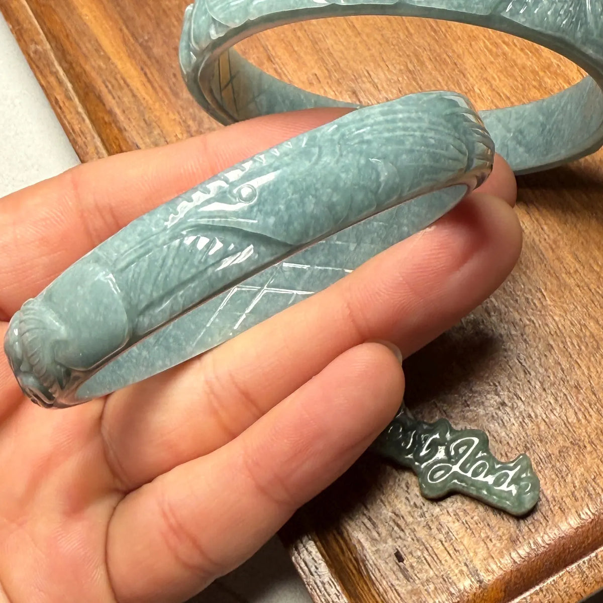 Custom 54-64mm Natural blue Jadeite Dragon and Phoenix Round Band Bangle Lady female bracelet Handmade Guatemala jade gift Guatemalan stone