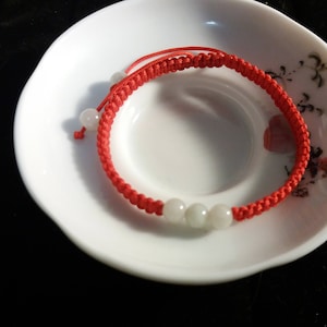 Lucky Chinese Red String Rope Thread Bracelet With Five Natural Burmese White Jadeite Jade Beads