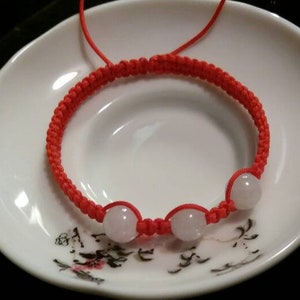 Chinese Red String Rope Thread Bracelet with Three Natural Burmese White Jadeite Jade Beads