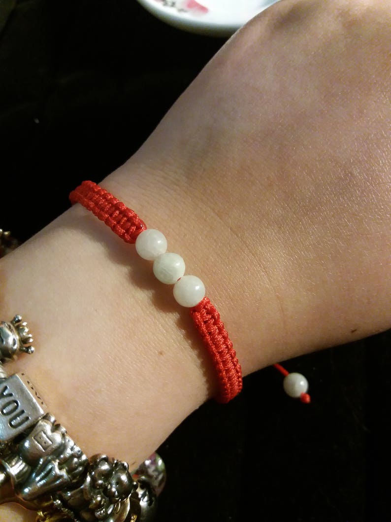 Lucky Chinese Red String Rope Thread Bracelet With Five Natural Burmese White Jadeite Jade Beads