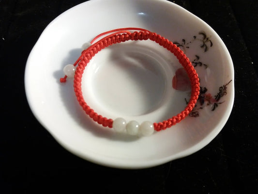 Lucky Chinese Red String Rope Thread Bracelet With Five Natural Burmese White Jadeite Jade Beads