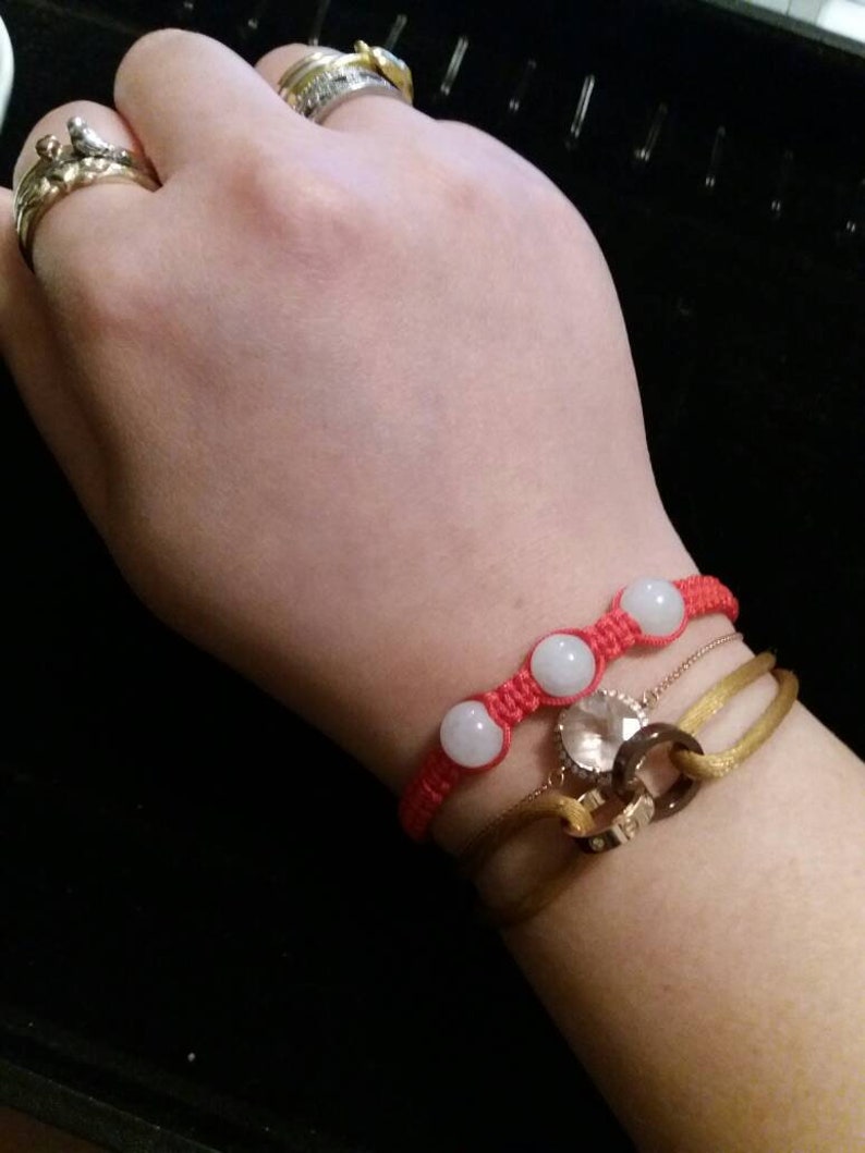 Chinese Red String Rope Thread Bracelet with Three Natural Burmese White Jadeite Jade Beads