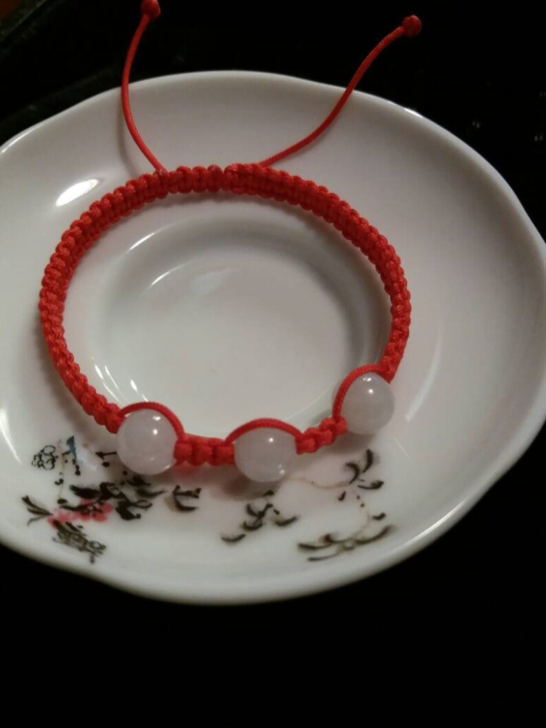 Chinese Red String Rope Thread Bracelet with Three Natural Burmese White Jadeite Jade Beads