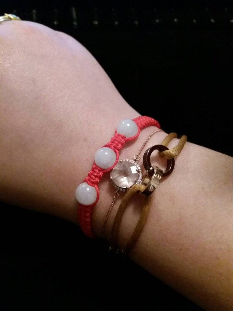 Chinese Red String Rope Thread Bracelet with Three Natural Burmese White Jadeite Jade Beads