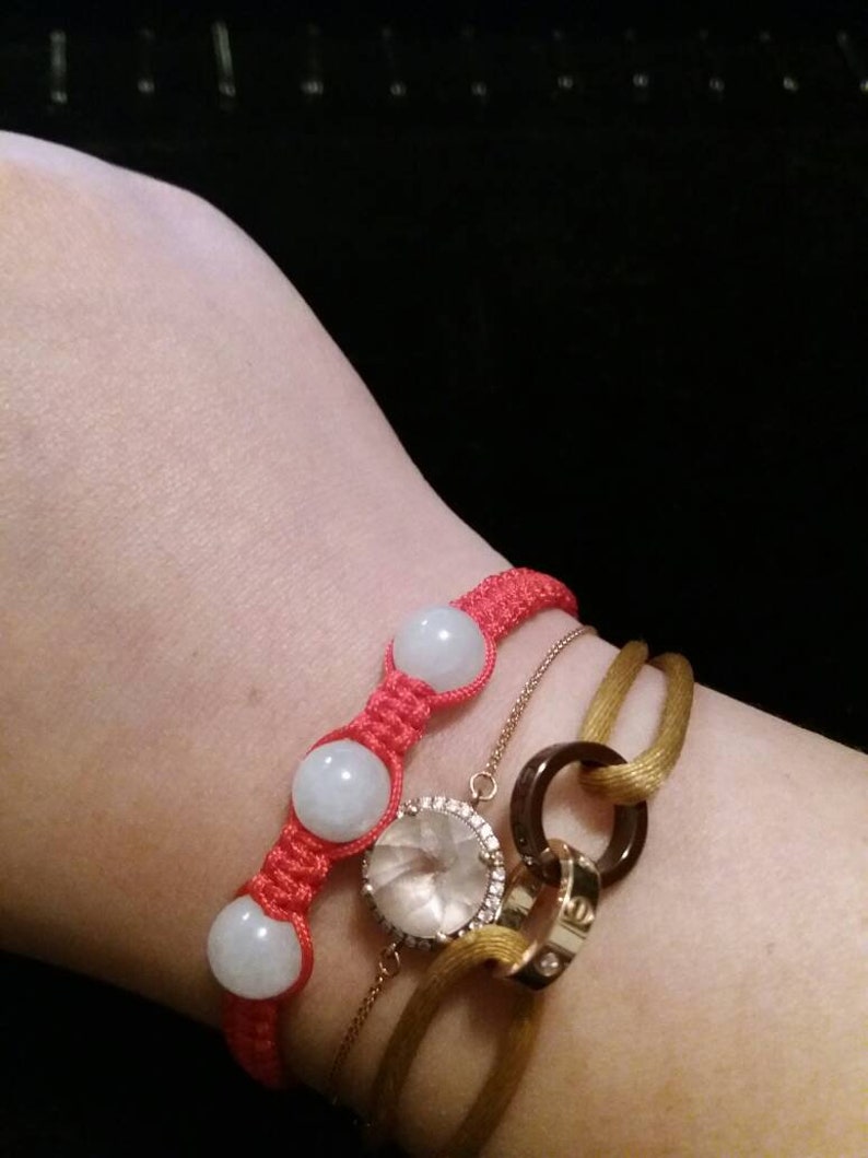 Chinese Red String Rope Thread Bracelet with Three Natural Burmese White Jadeite Jade Beads