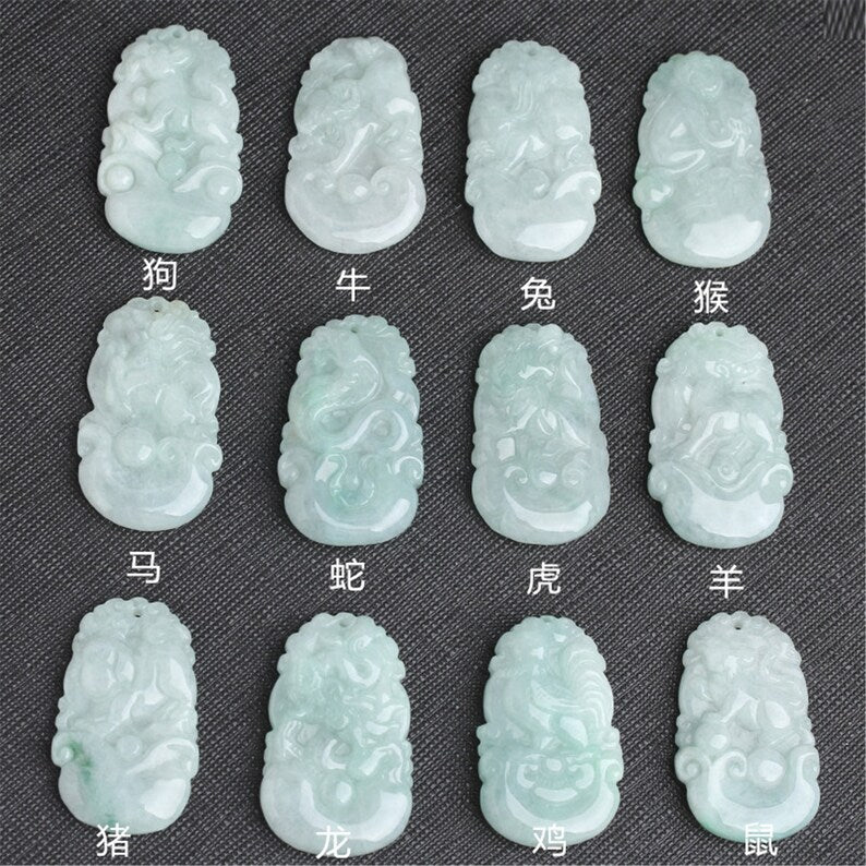 Grade A jade Chinese Twelve Zodiac Green Burma Jadeite pendant necklace Anhänger Dragon Bunny OX Snake Chook Tiger Rat pig goat 翡翠A货