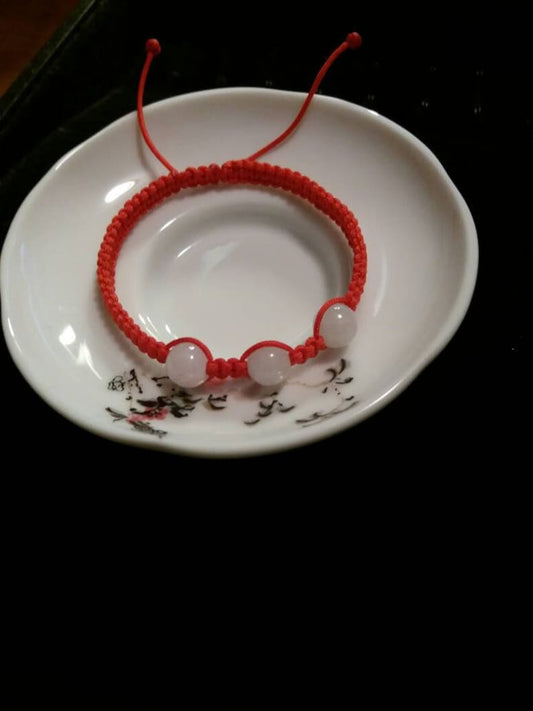 Chinese Red String Rope Thread Bracelet with Three Natural Burmese White Jadeite Jade Beads