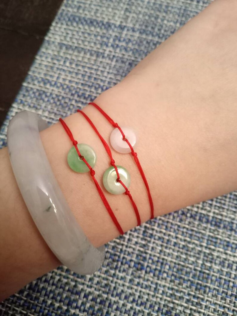 Natural (White) Jadeite Jade Donut Red String Rope Thread Bracelet