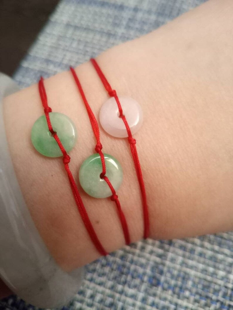 Natural (White) Jadeite Jade Donut Red String Rope Thread Bracelet