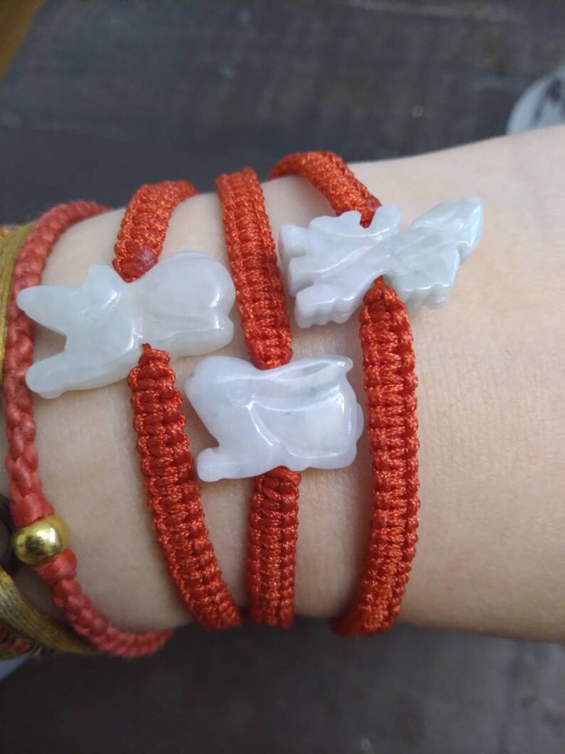 Natural Burmese Jadeite Jade Chinese Zodiac Charm Red String Bracelet (Rabbit, Dragon, Rat and Many More)