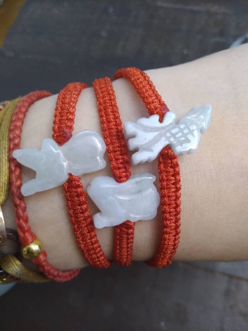 Natural Burmese Jadeite Jade Chinese Zodiac Charm Red String Bracelet (Rabbit, Dragon, Rat and Many More)