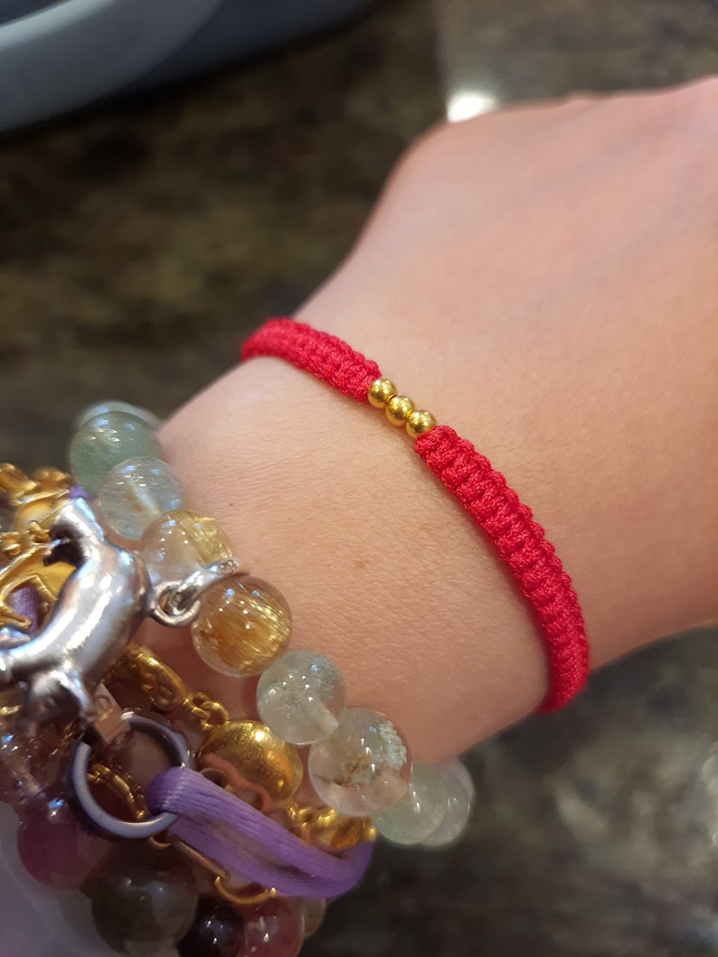 24K Solid Gold Beads Chinese Red String Bracelet純金轉運紅繩手鍊