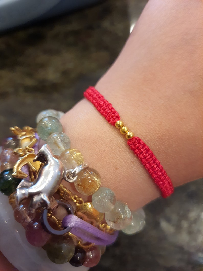 24K Solid Gold Beads Chinese Red String Bracelet純金轉運紅繩手鍊