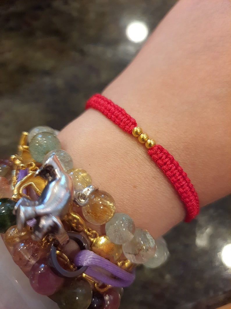 24K Solid Gold Beads Chinese Red String Bracelet純金轉運紅繩手鍊