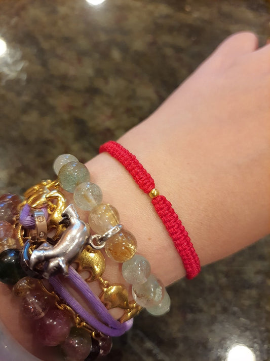 24K Solid Gold Bead Chinese Red String Bracelet純金轉運紅繩手鍊