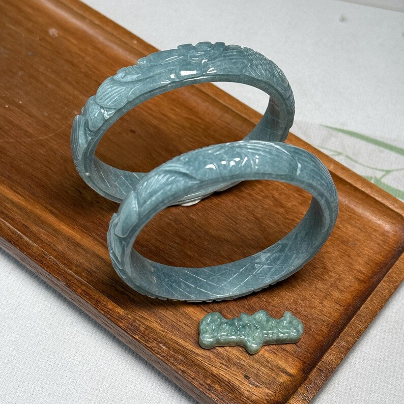 Custom 54-64mm Natural blue Jadeite Dragon and Phoenix Round Band Bangle Lady female bracelet Handmade Guatemala jade gift Guatemalan stone
