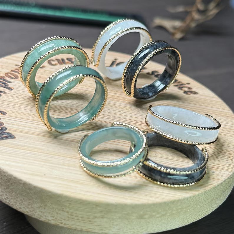4Color Jadeite ring Natural Burma jadeite gold plated bail Grade A jade engagement ring GREEN BLUE BLACK Myanmar jade Birthday Jewelry gift