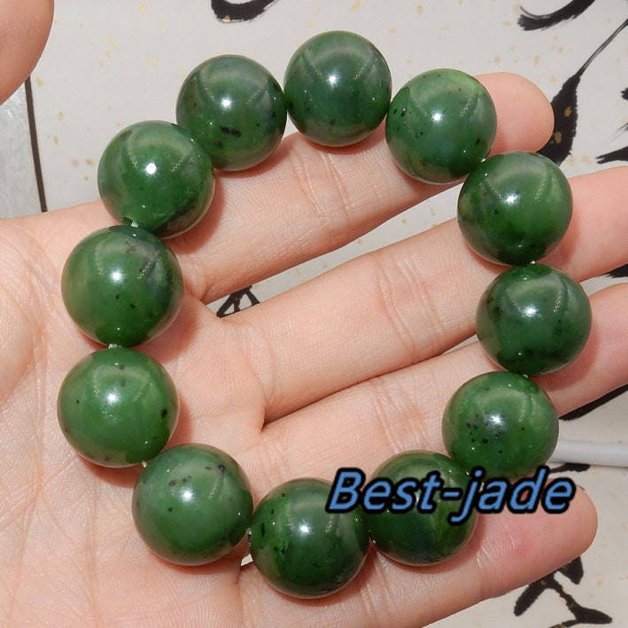 Canadian jasper Top Grade 20mm Apple Green Natural Nephrite Jade Beads Chain Hand line Men Bracelet Pounamu Maori Nephrite NZ Jade BC