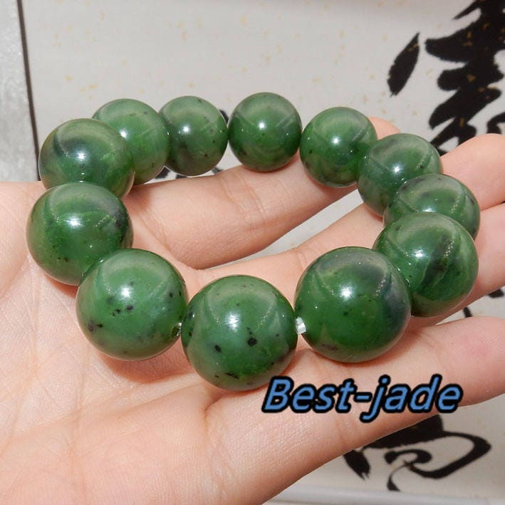 Canadian jasper Top Grade 20mm Apple Green Natural Nephrite Jade Beads Chain Hand line Men Bracelet Pounamu Maori Nephrite NZ Jade BC