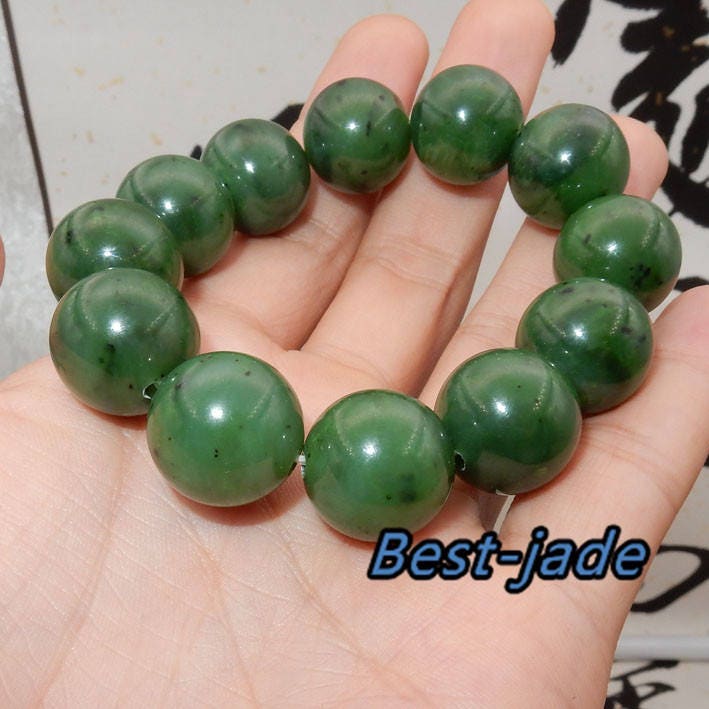 Canadian jasper Top Grade 20mm Apple Green Natural Nephrite Jade Beads Chain Hand line Men Bracelet Pounamu Maori Nephrite NZ Jade BC