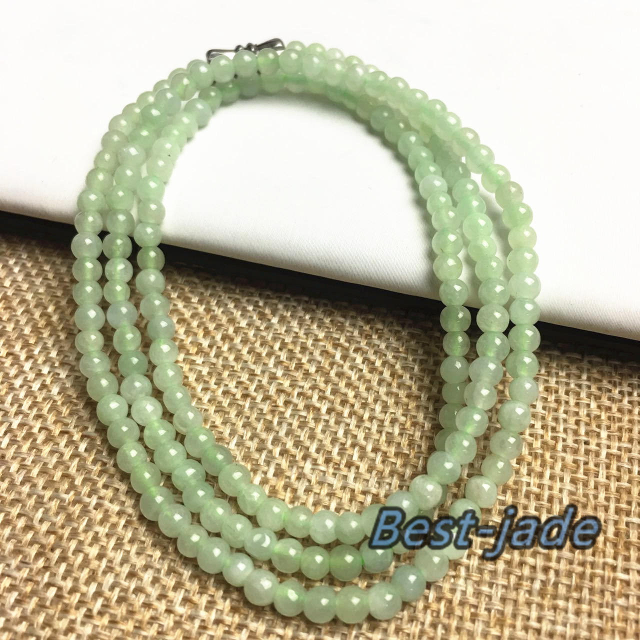 Light Green Natural Grade A Jade Hand carved Necklace Chain Burma Jadeite Round bead Size：3.5*3.5mm Green gemstone